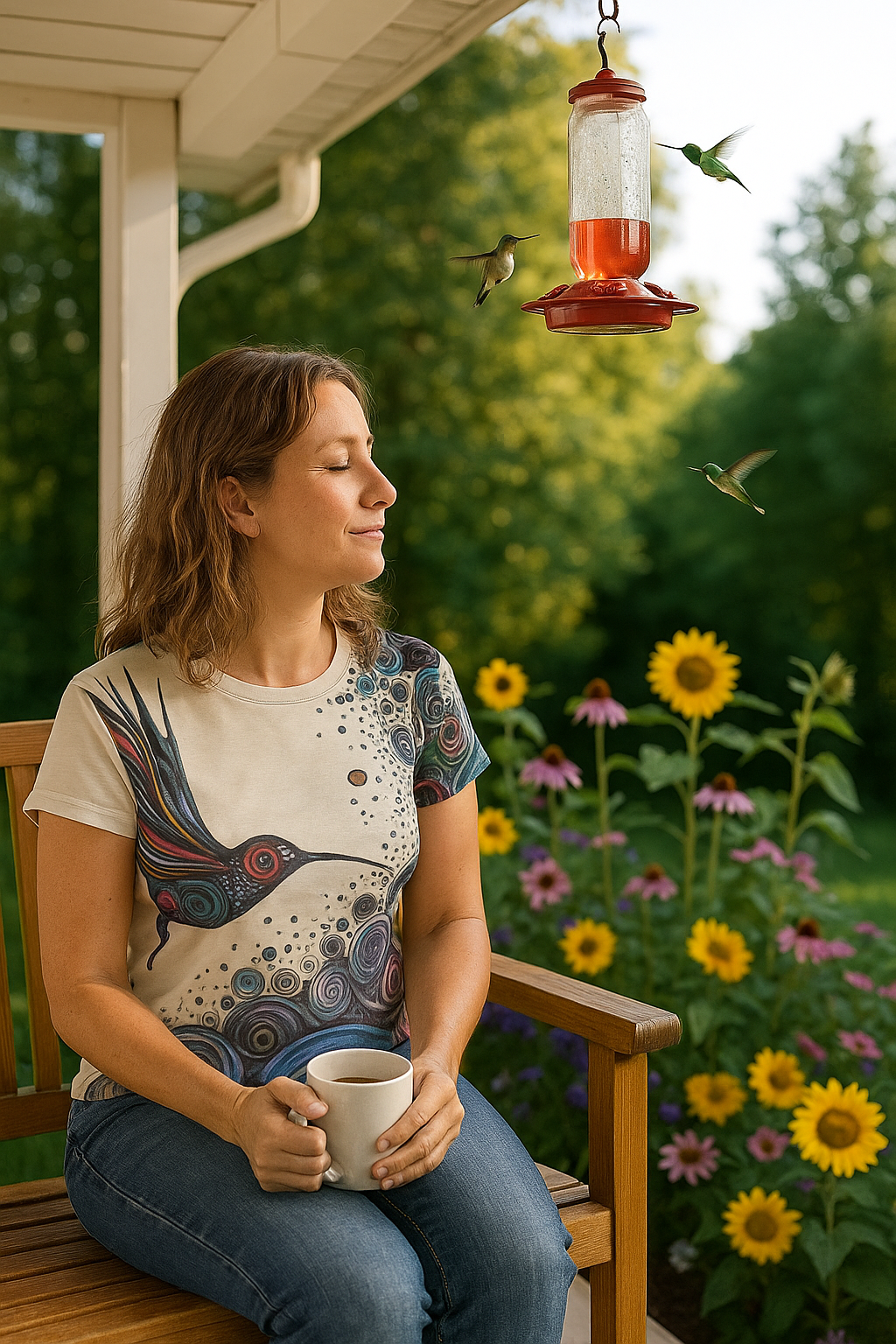 Woman sitting on a porch with a cup, surrounded by hummingbirds and flowers