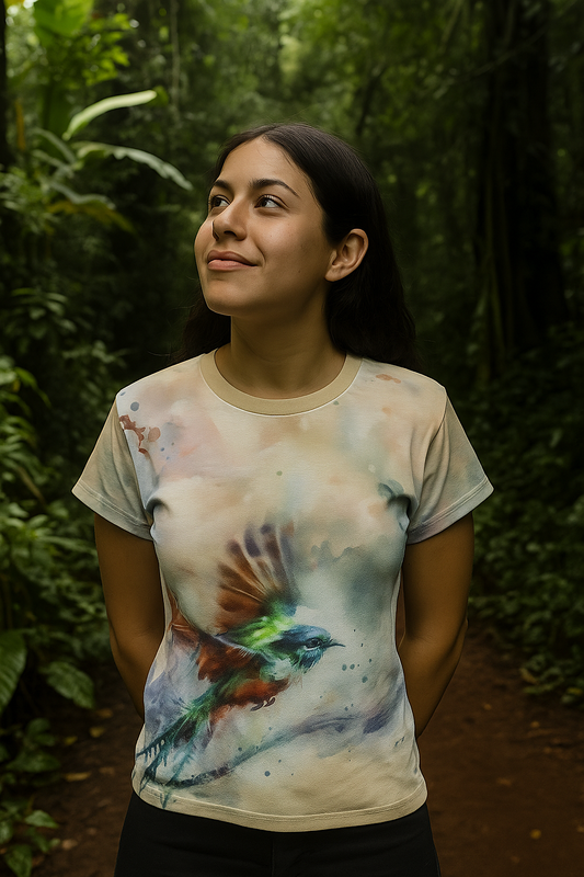 Watercolor Quetzal T-Shirt – Vibrant Nature Art Tee for Women