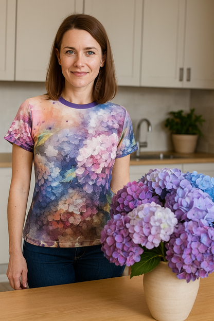 Watercolor Hydrangea T-Shirt – All-Over Botanical Floral Tee