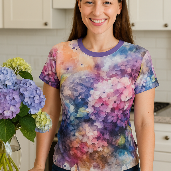 Women's watercolor hydrangea graphic t-shirt with purple crew neck and all-over floral print
