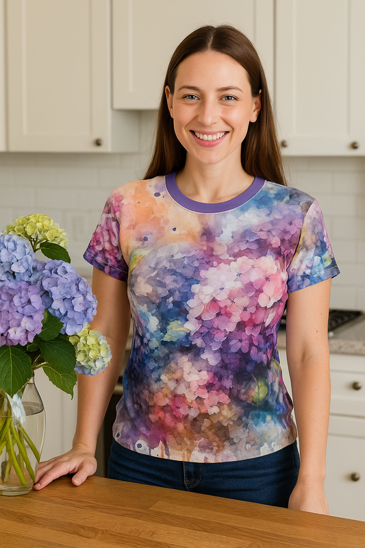 Watercolor Hydrangea T-Shirt – All-Over Botanical Floral Tee