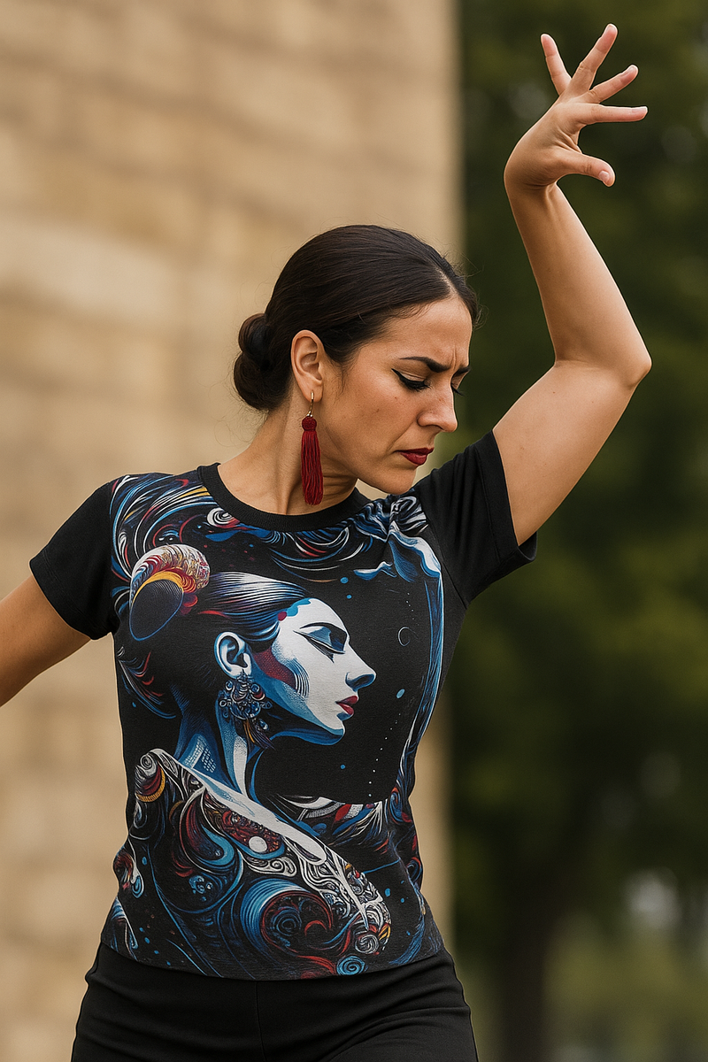 Black graphic t-shirt with colorful blue face art and red accents, crew neck short sleeves