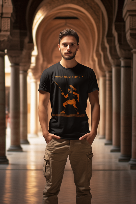 Ares Fencing Saber T-Shirt – “Victory Through Velocity” Greek Mythology Tee