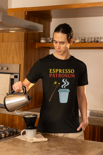 Espresso Patronum T-Shirt – Funny Coffee & Wizard Parody Tee