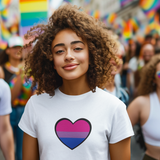 White bisexual pride heart graphic T-shirt with pink and blue heart design