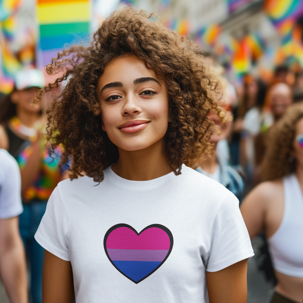 White bisexual pride heart graphic T-shirt with pink and blue heart design