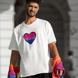 White crew-neck T-shirt with bisexual pride flag heart graphic centered on the front.