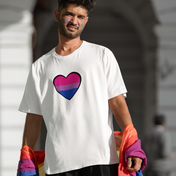 White crew-neck T-shirt with bisexual pride flag heart graphic centered on the front.