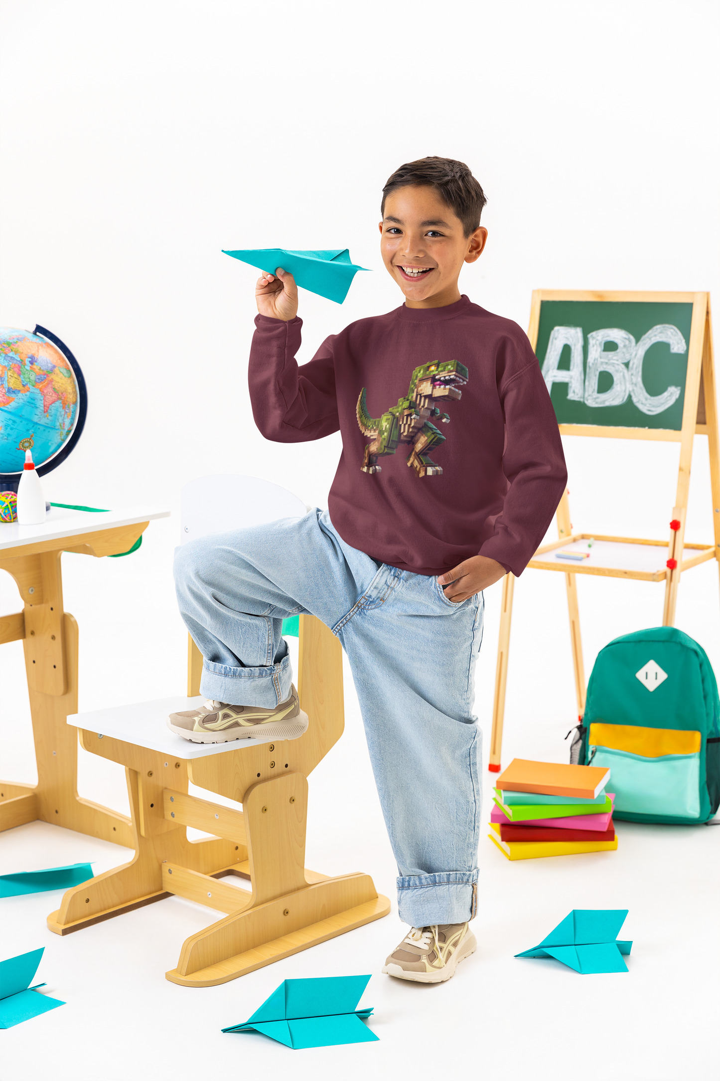 Pixel Dinosaur Youth Sweatshirt – Retro Pixel T-Rex Gamer Hoodie