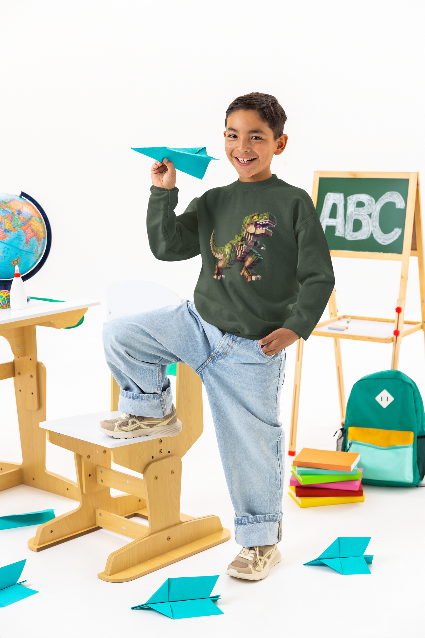 Pixel Dinosaur Youth Sweatshirt – Retro Pixel T-Rex Gamer Hoodie