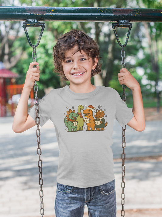 Dinosaur Carolers Kids’ T-Shirt – Cute Singing Dino Christmas Tee