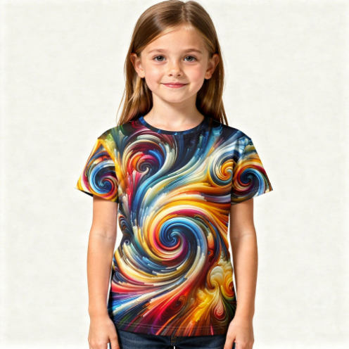 Kids' short-sleeve crew neck tee with vibrant multicolor swirl spiral artwork