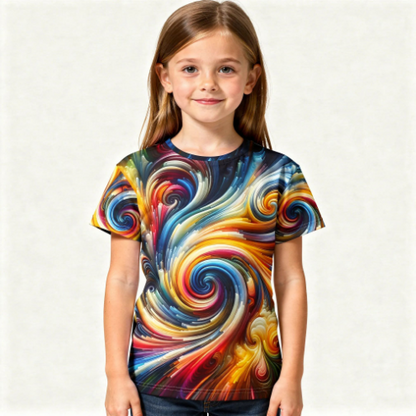 Color Storm Swirl Kids’ Tee – Vibrant All-Over Rainbow Art Shirt