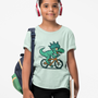 Kids dino bike T-shirt, mint green, dinosaur rides a bicycle graphic on front