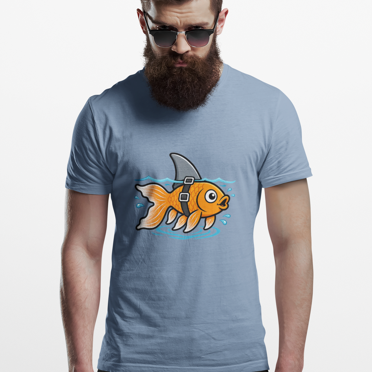 Light blue graphic T-shirt with orange fish-shark swimming front print