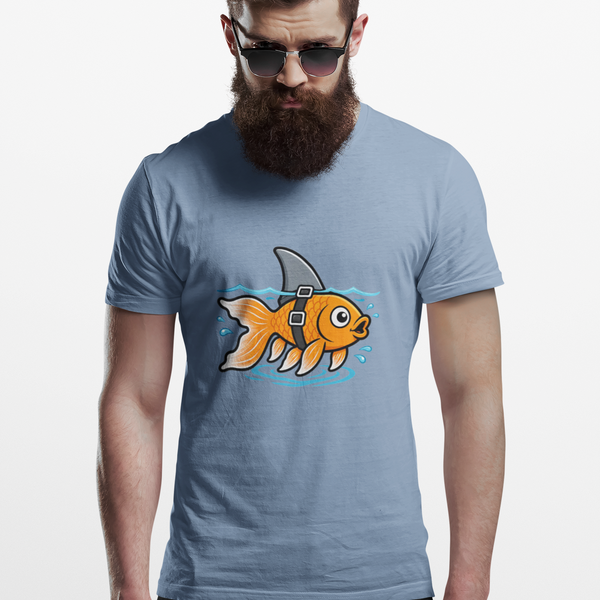 Light blue graphic T-shirt with orange fish-shark swimming front print