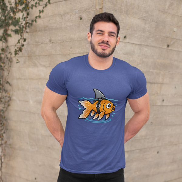 Blue crewneck T-shirt with goldfish-shark swimming graphic on front