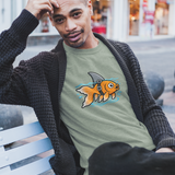 Olive green crewneck T-shirt with goldfish-shark swimming graphic on front