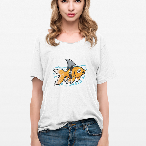 White T-shirt on model with cartoon goldfish-and-shark graphic at the chest