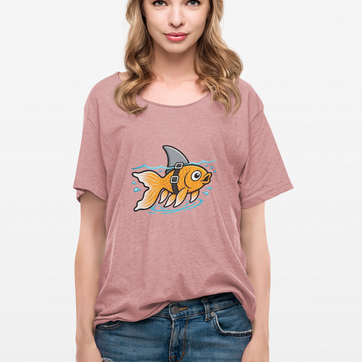 Pink crewneck T-shirt with goldfish-shark swimming graphic on front