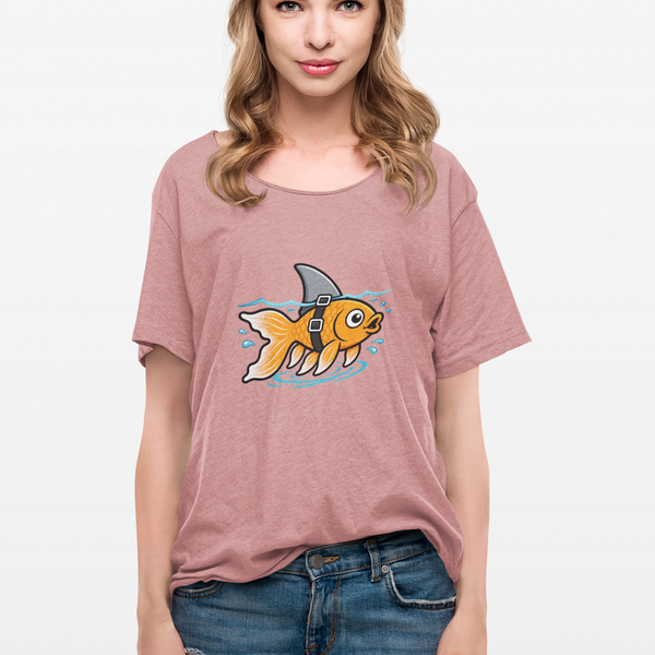 Pink crewneck T-shirt with goldfish-shark swimming graphic on front