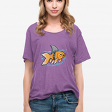 Purple crewneck T-shirt with goldfish-shark swimming graphic on front