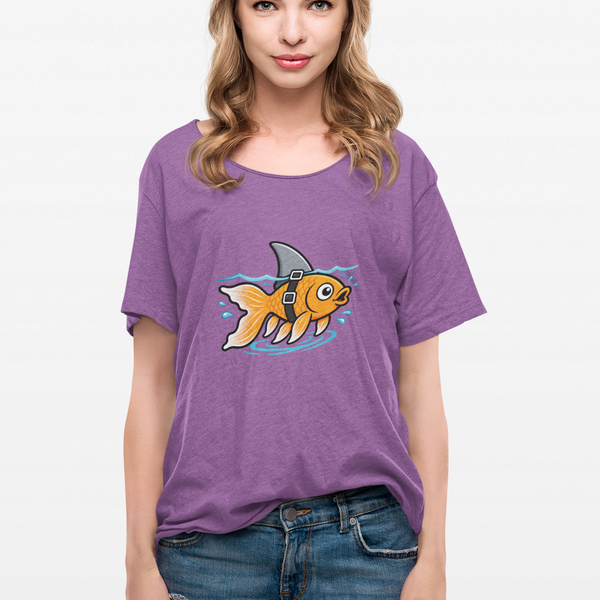 Purple crewneck T-shirt with goldfish-shark swimming graphic on front