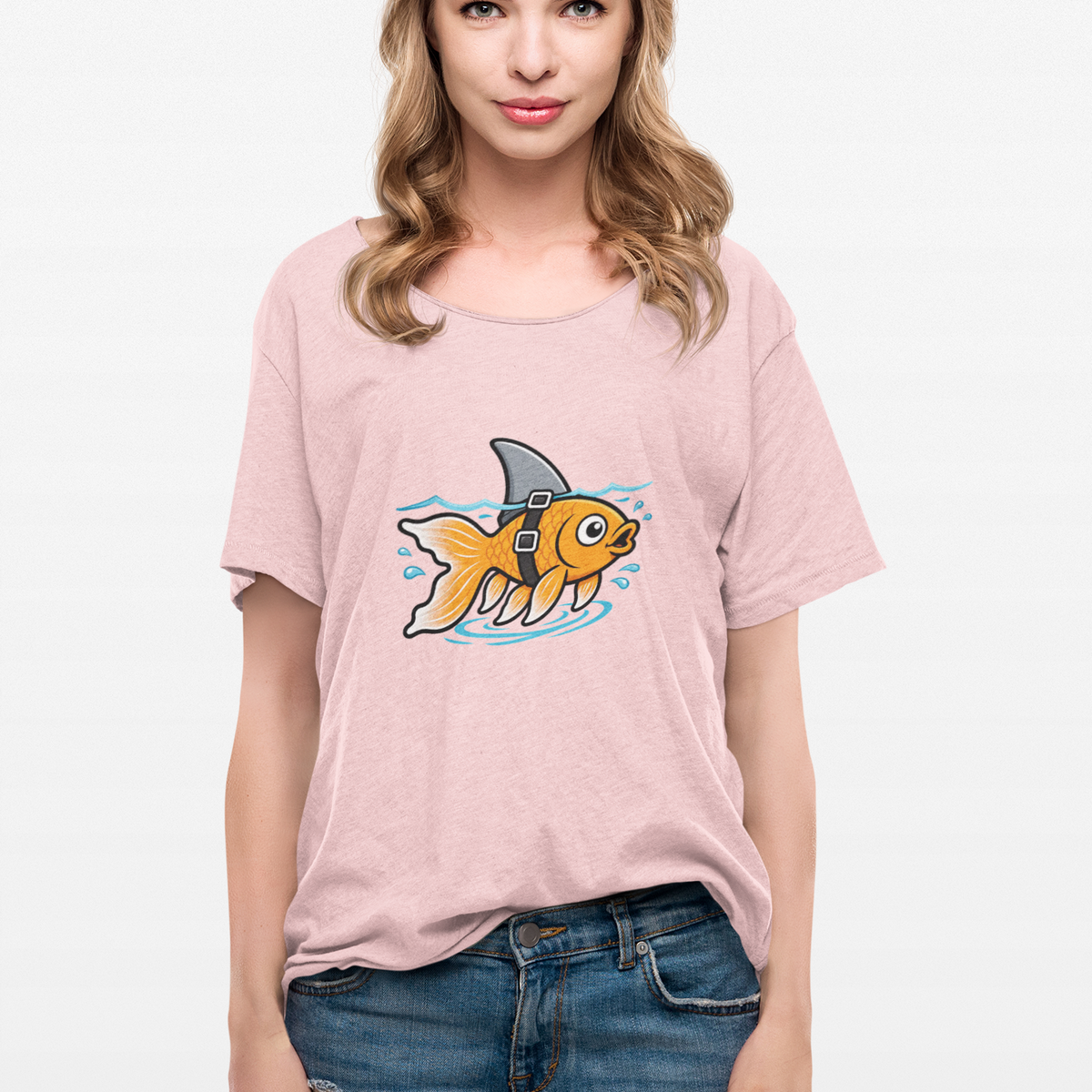 Pink crewneck T-shirt with goldfish-shark swimming graphic on front