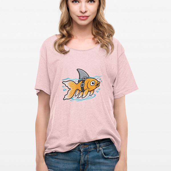Pink crewneck T-shirt with goldfish-shark swimming graphic on front