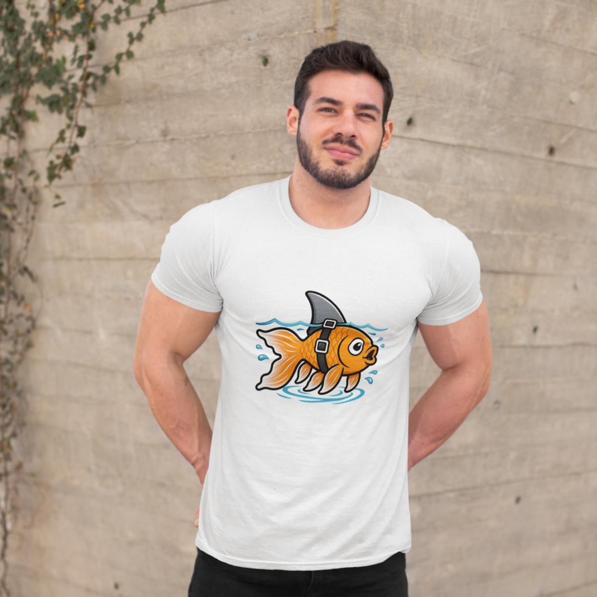 White T-shirt on model with cartoon goldfish-and-shark graphic at the chest