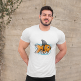White T-shirt on model with cartoon goldfish-and-shark graphic at the chest