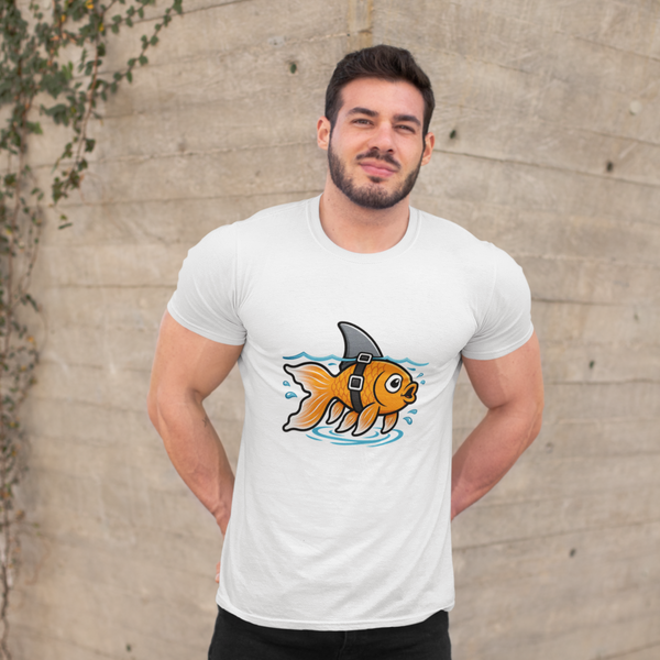 White T-shirt on model with cartoon goldfish-and-shark graphic at the chest