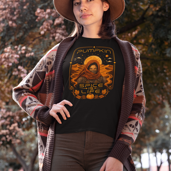 Black crewneck T-shirt with orange pumpkin sci-fi face graphic on the front
