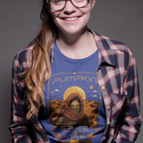 Blue crewneck T-shirt with orange pumpkin sci-fi face graphic on the front