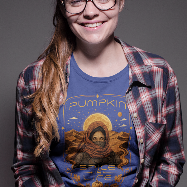 Blue crewneck T-shirt with orange pumpkin sci-fi face graphic on the front