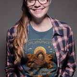 Blue crewneck T-shirt with orange pumpkin sci-fi face graphic on the front