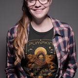 Black crewneck T-shirt with orange pumpkin sci-fi face graphic on the front