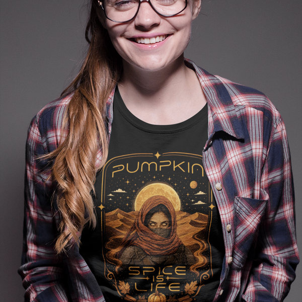 Black crewneck T-shirt with orange pumpkin sci-fi face graphic on the front