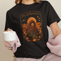 Black graphic T-shirt with orange “Pumpkin” sci-fi spice face print on chest