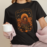 Black graphic T-shirt with orange “Pumpkin” sci-fi spice face print on chest