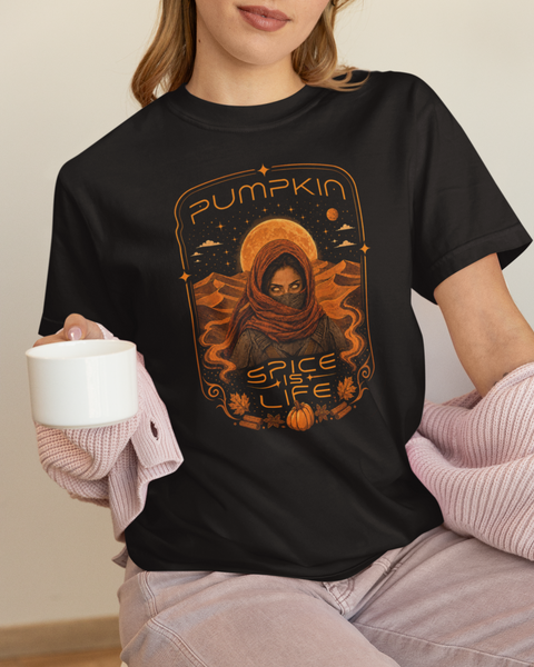 Black graphic T-shirt with orange “Pumpkin” sci-fi spice face print on chest