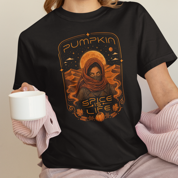 Black graphic T-shirt with orange “Pumpkin” sci-fi spice face print on chest