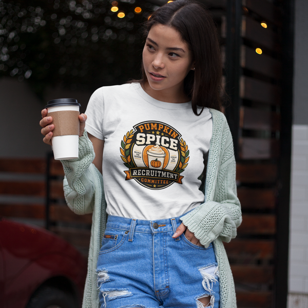 Black crewneck T-shirt with Pumpkin Spice Recruitment Committee logo graphic