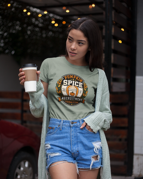 Light green crew-neck T-shirt with Pumpkin Spice Recruitment graphic on chest