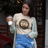 White crewneck T-shirt with Pumpkin Spice Recruitment Committee logo graphic