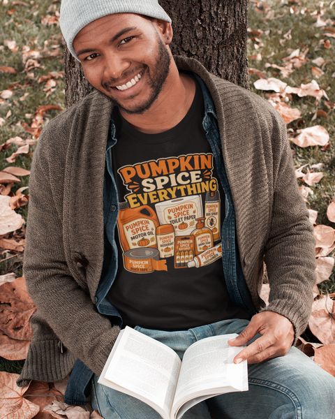 Black t-shirt with colorful “Pumpkin Spice Everything” graphic on the front