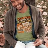 Olive green T-shirt with 'Pumpkin Spice Everything' graphic on front