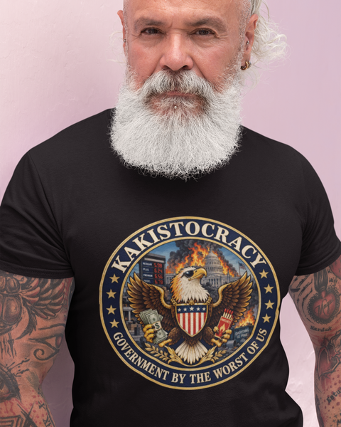 Kakistocracy government graphic T-shirt, black crew neck with circular eagle emblem