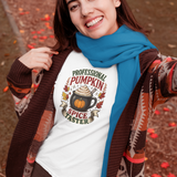 Aqua crew-neck T-shirt with white pumpkin-spice coffee graphic on the chest