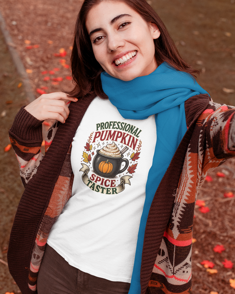Aqua crew-neck T-shirt with white pumpkin-spice coffee graphic on the chest